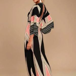 Lulu's Montecito Geometric Print Black Maxi Dress Plunging Neckline Side L NWT